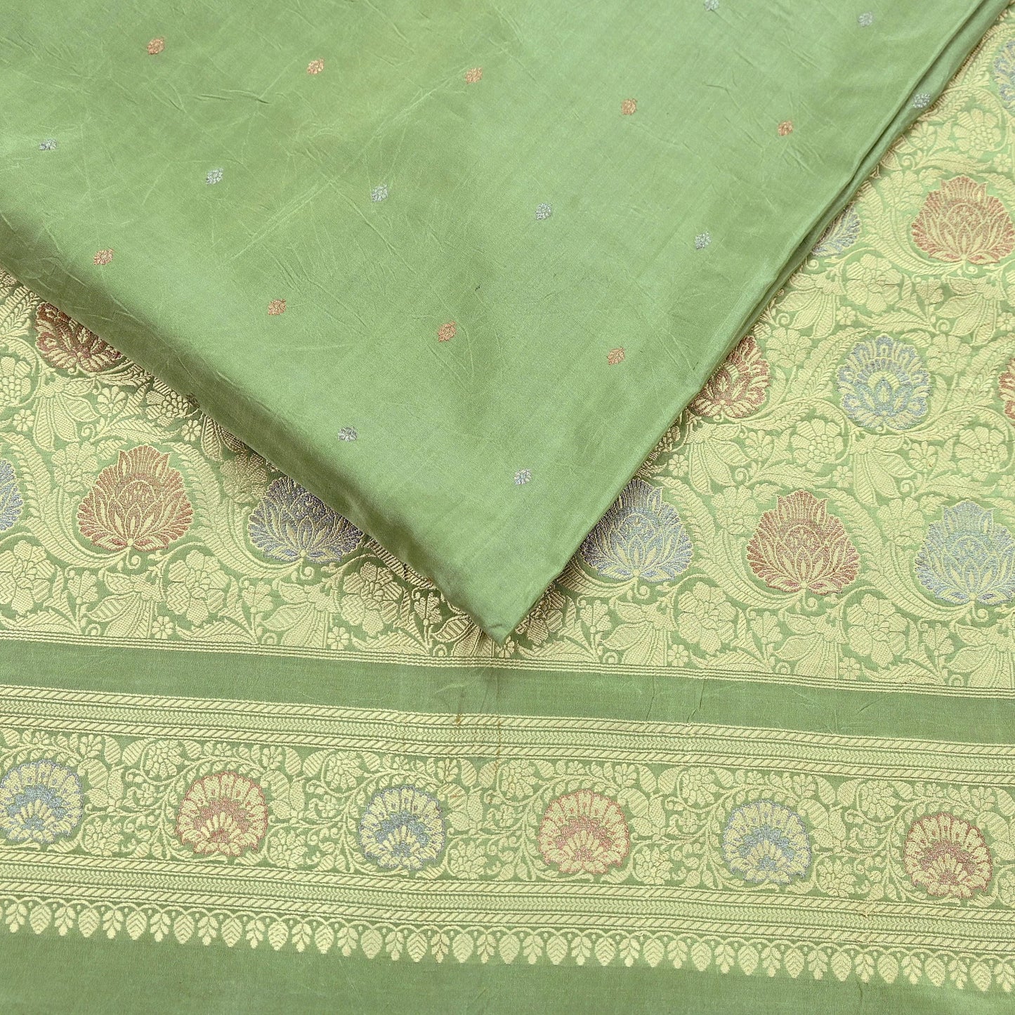 Indian Vintage Sari Green 100% Pure Silk Hand Woven Sarees Craft Fabric 5Yd Ethnic Sewing Dress making Crafting Quilting Upcycle Zari