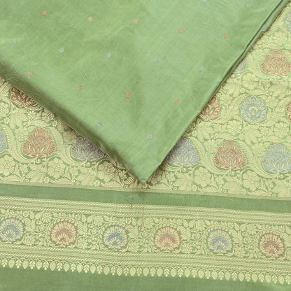 Indian Vintage Sari Green 100% Pure Silk Hand Woven Sarees Craft Fabric 5Yd Ethnic Sewing Dress making Crafting Quilting Upcycle Zari
