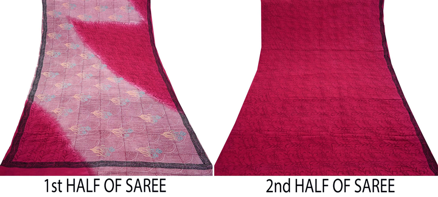 Indian Vintage Sari Pink Pure Crepe Silk Printed Saree 5yd Sewing Craft Fabric Abstract Soft Wrap Dress Making Quilting Crafting