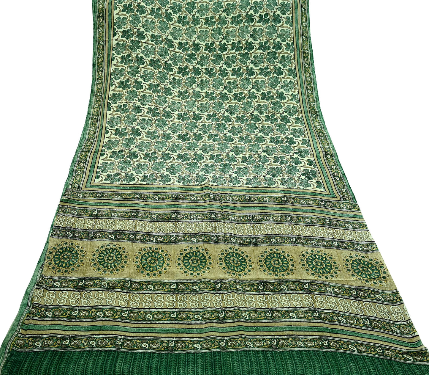 Indian Vintage Sari Green Pure Crepe Silk Block Printed Sarees 5yd Sewing Floral Craft Fabric Wrap Dress Making Crafting Quilting Upcycle