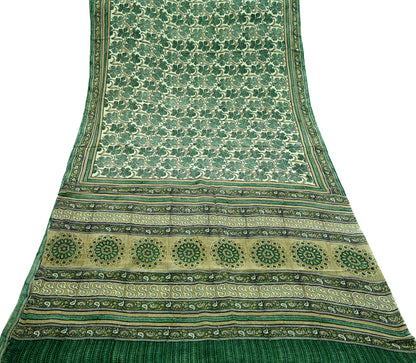 Indian Vintage Sari Green Pure Crepe Silk Block Printed Sarees 5yd Sewing Floral Craft Fabric Wrap Dress Making Crafting Quilting Upcycle