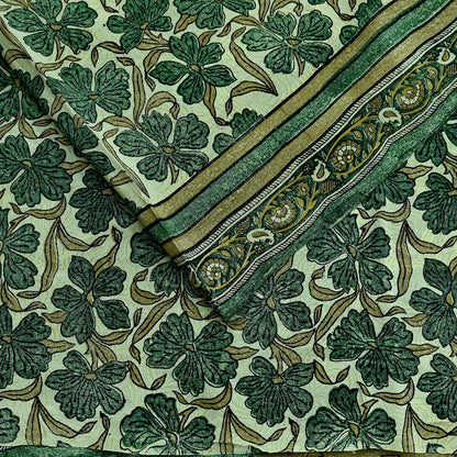 Indian Vintage Sari Green Pure Crepe Silk Block Printed Sarees 5yd Sewing Floral Craft Fabric Wrap Dress Making Crafting Quilting Upcycle