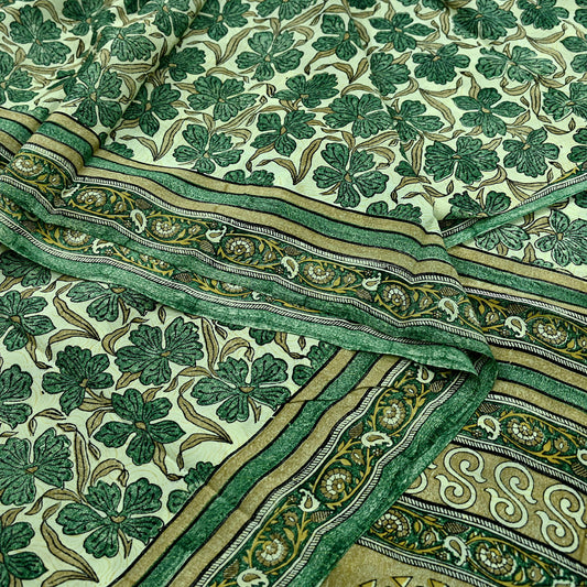 Indian Vintage Sari Green Pure Crepe Silk Block Printed Sarees 5yd Sewing Floral Craft Fabric Wrap Dress Making Crafting Quilting Upcycle