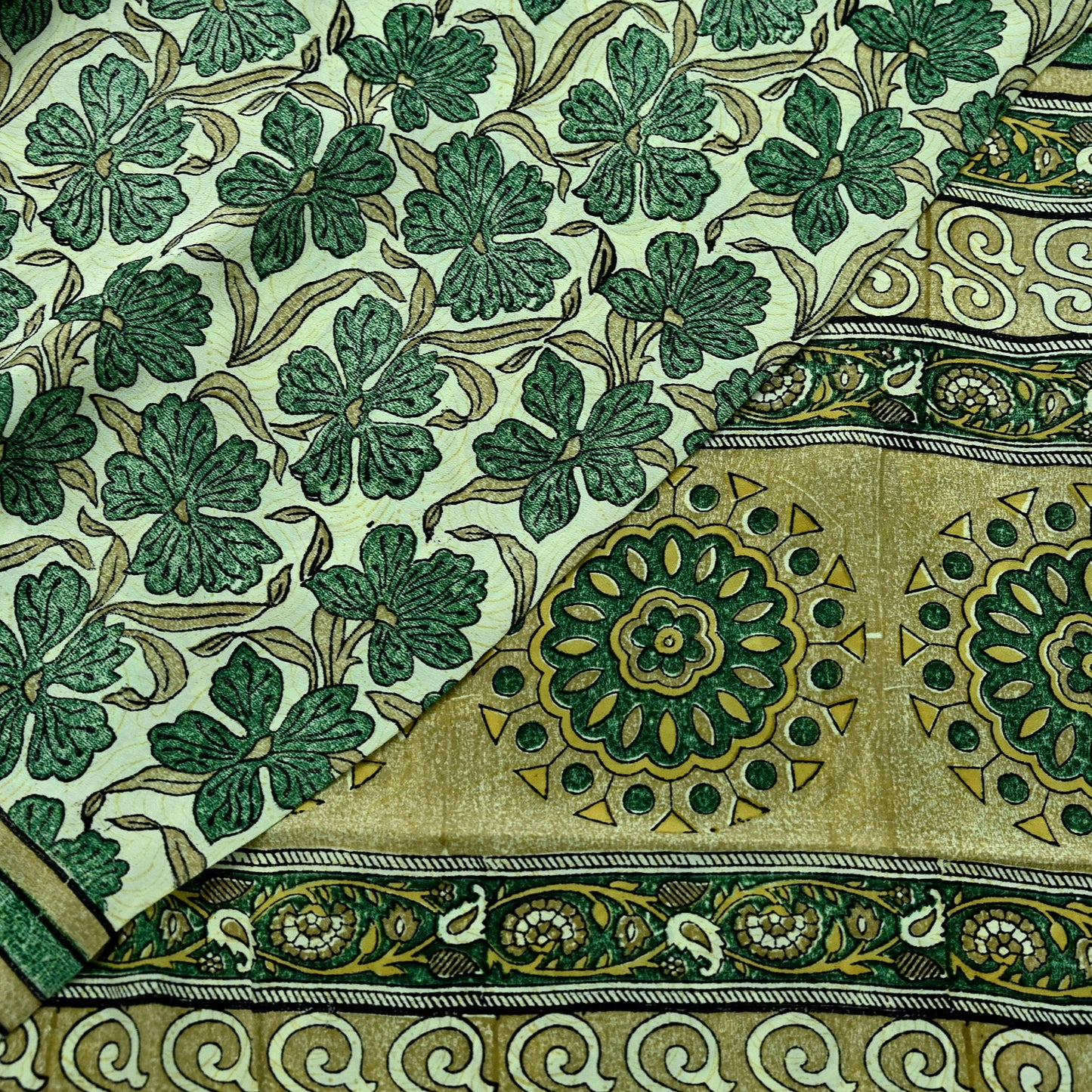 Indian Vintage Sari Green Pure Crepe Silk Block Printed Sarees 5yd Sewing Floral Craft Fabric Wrap Dress Making Crafting Quilting Upcycle