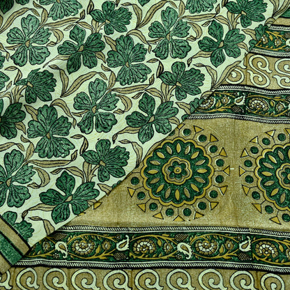 Indian Vintage Sari Green Pure Crepe Silk Block Printed Sarees 5yd Sewing Floral Craft Fabric Wrap Dress Making Crafting Quilting Upcycle