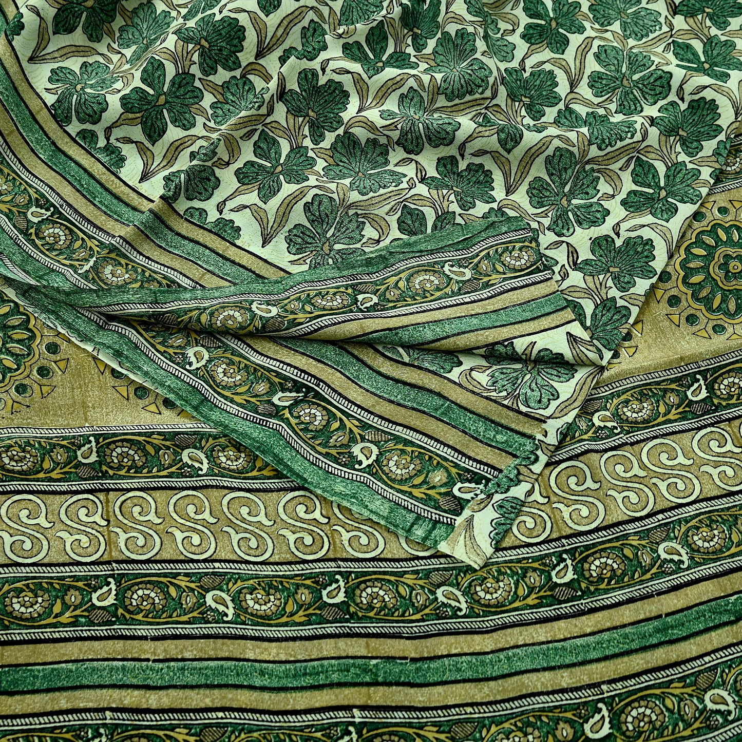 Indian Vintage Sari Green Pure Crepe Silk Block Printed Sarees 5yd Sewing Floral Craft Fabric Wrap Dress Making Crafting Quilting Upcycle