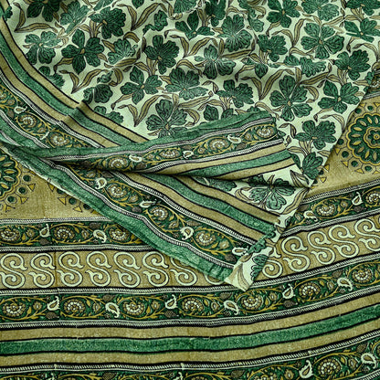 Indian Vintage Sari Green Pure Crepe Silk Block Printed Sarees 5yd Sewing Floral Craft Fabric Wrap Dress Making Crafting Quilting Upcycle