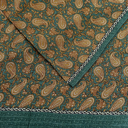 Indian Vintage Sari Green & Beige Pure Crepe Silk Printed Sarees 5yd Sewing Soft Craft Fabric Wrap Upcycle Quilting Crafting Dress making
