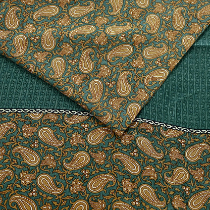 Indian Vintage Sari Green & Beige Pure Crepe Silk Printed Sarees 5yd Sewing Soft Craft Fabric Wrap Upcycle Quilting Crafting Dress making