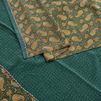 Indian Vintage Sari Green & Beige Pure Crepe Silk Printed Sarees 5yd Sewing Soft Craft Fabric Wrap Upcycle Quilting Crafting Dress making