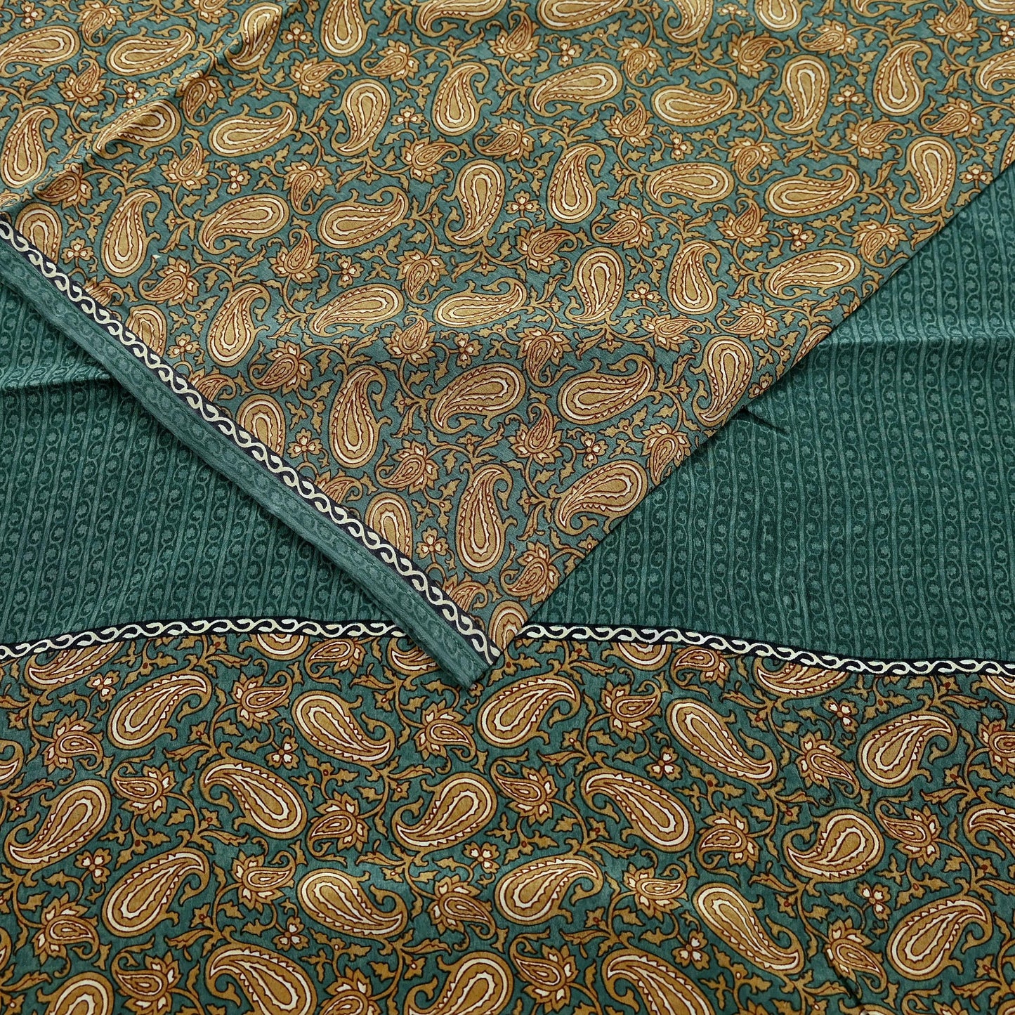 Indian Vintage Sari Green & Beige Pure Crepe Silk Printed Sarees 5yd Sewing Soft Craft Fabric Wrap Upcycle Quilting Crafting Dress making