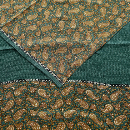 Indian Vintage Sari Green & Beige Pure Crepe Silk Printed Sarees 5yd Sewing Soft Craft Fabric Wrap Upcycle Quilting Crafting Dress making