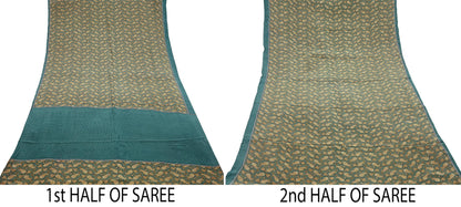 Indian Vintage Sari Green & Beige Pure Crepe Silk Printed Sarees 5yd Sewing Soft Craft Fabric Wrap Upcycle Quilting Crafting Dress making