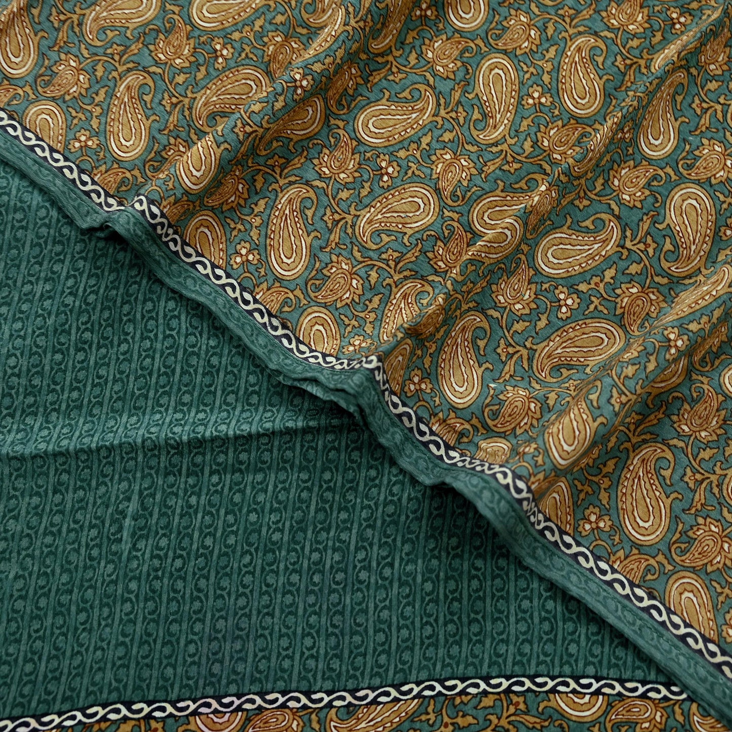 Indian Vintage Sari Green & Beige Pure Crepe Silk Printed Sarees 5yd Sewing Soft Craft Fabric Wrap Upcycle Quilting Crafting Dress making