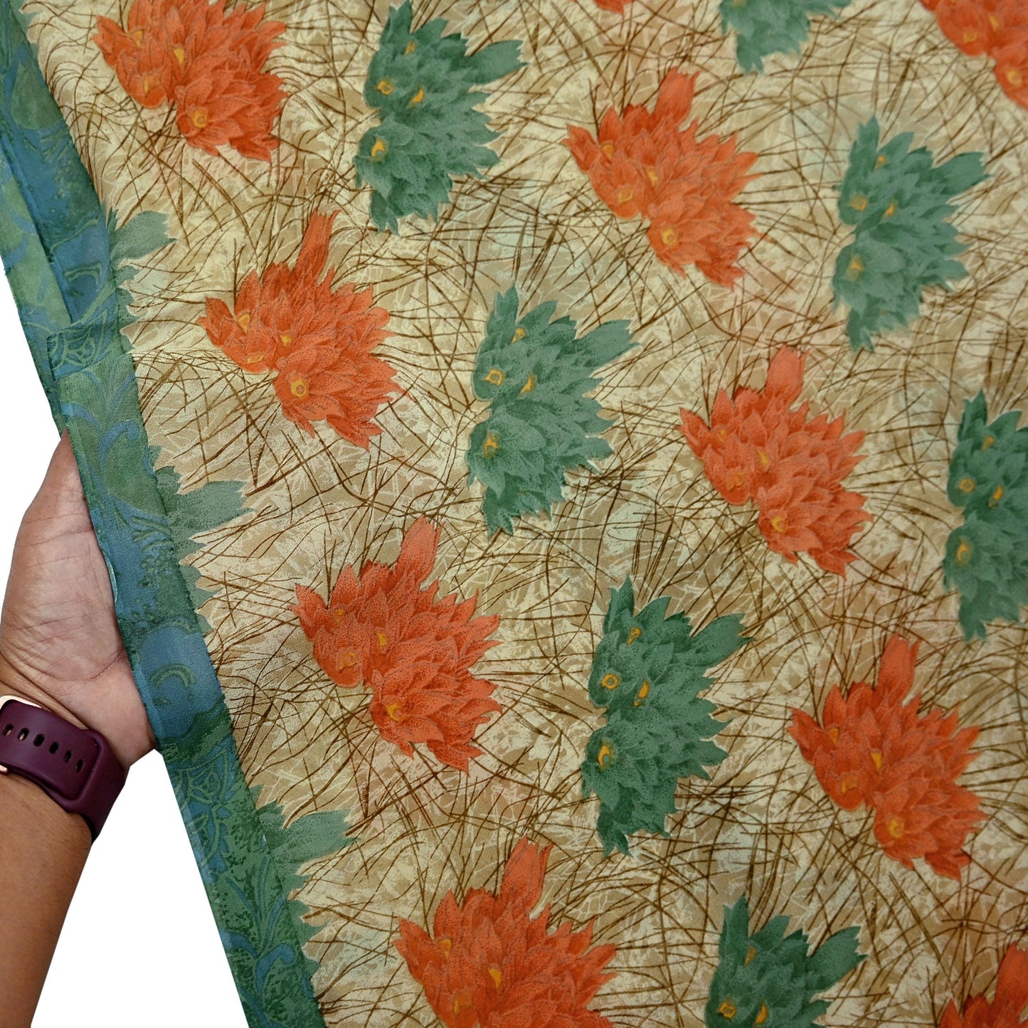 Indian Vintage Green & Beige Saree Pure Georgette Silk Printed Sari Craft Fabric Sewing 5Yard Soft Light Dress Making Floral