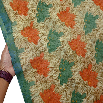 Indian Vintage Green & Beige Saree Pure Georgette Silk Printed Sari Craft Fabric Sewing 5Yard Soft Light Dress Making Floral