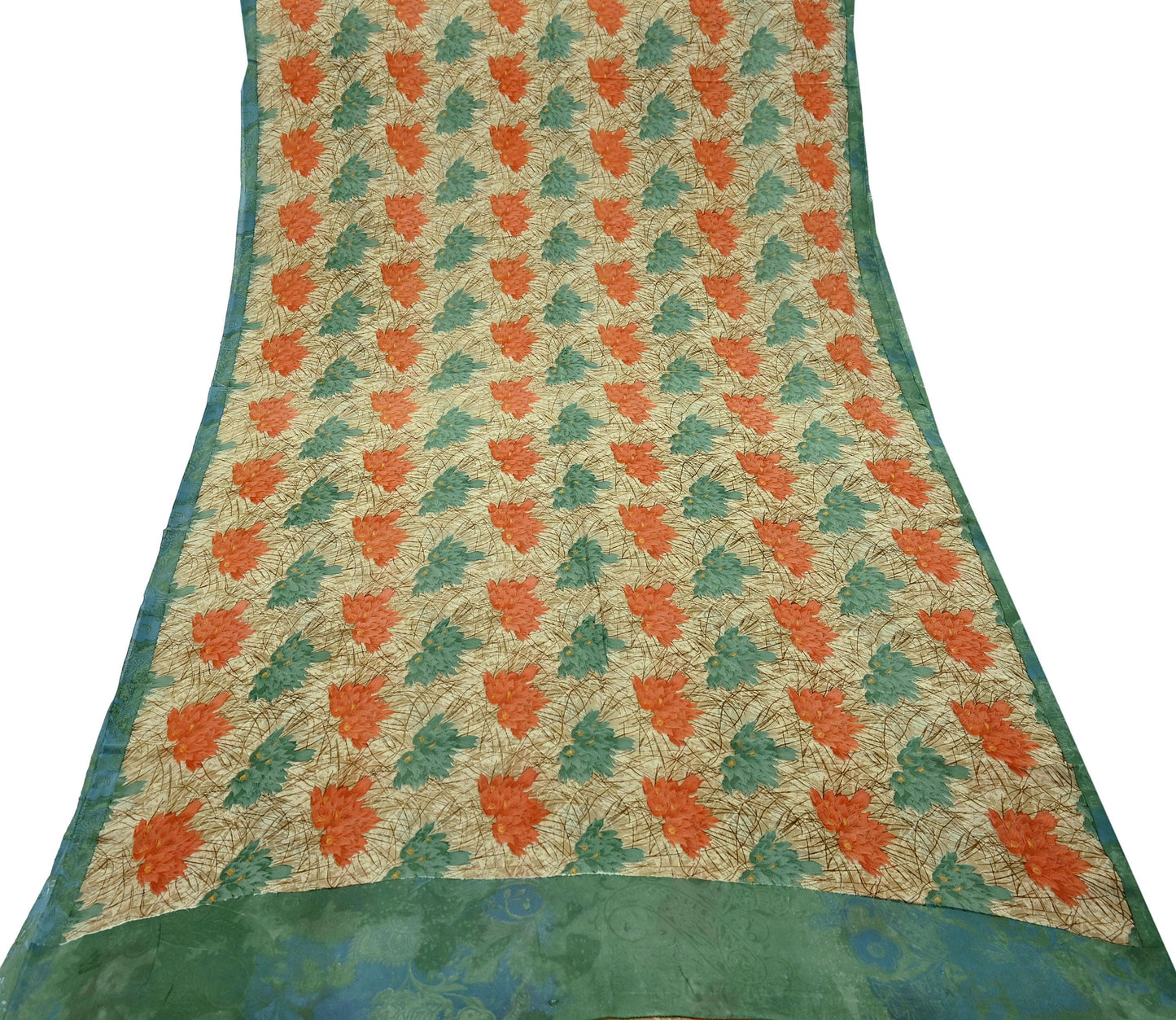 Indian Vintage Green & Beige Saree Pure Georgette Silk Printed Sari Craft Fabric Sewing 5Yard Soft Light Dress Making Floral