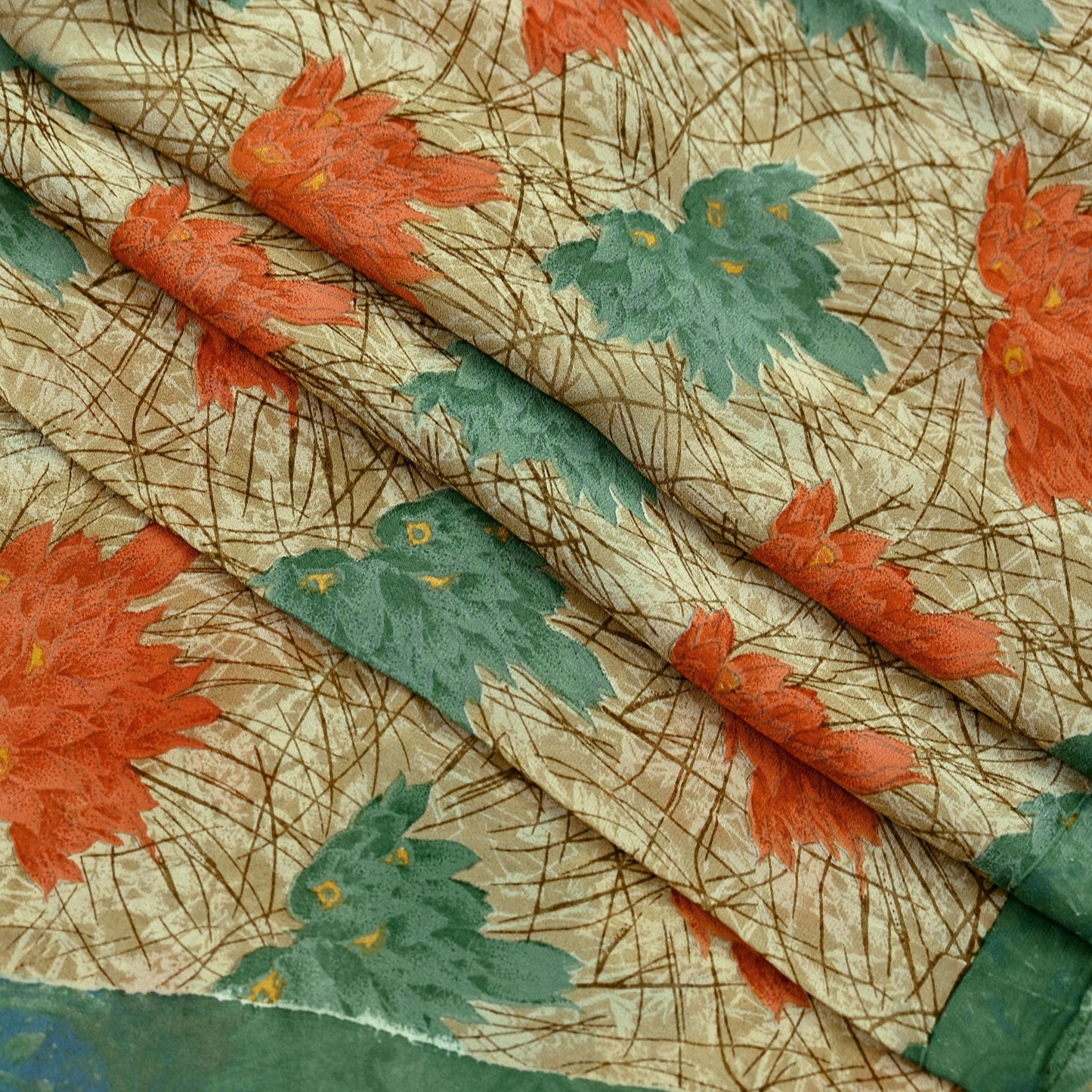 Indian Vintage Green & Beige Saree Pure Georgette Silk Printed Sari Craft Fabric Sewing 5Yard Soft Light Dress Making Floral