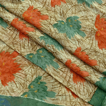 Indian Vintage Green & Beige Saree Pure Georgette Silk Printed Sari Craft Fabric Sewing 5Yard Soft Light Dress Making Floral