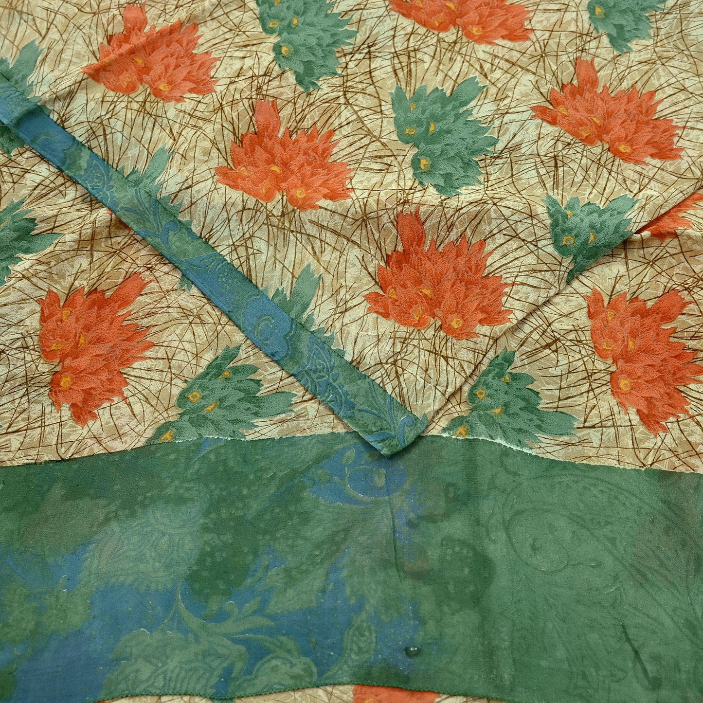 Indian Vintage Green & Beige Saree Pure Georgette Silk Printed Sari Craft Fabric Sewing 5Yard Soft Light Dress Making Floral