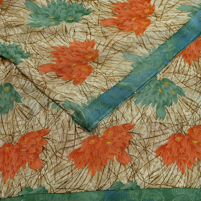 Indian Vintage Green & Beige Saree Pure Georgette Silk Printed Sari Craft Fabric Sewing 5Yard Soft Light Dress Making Floral