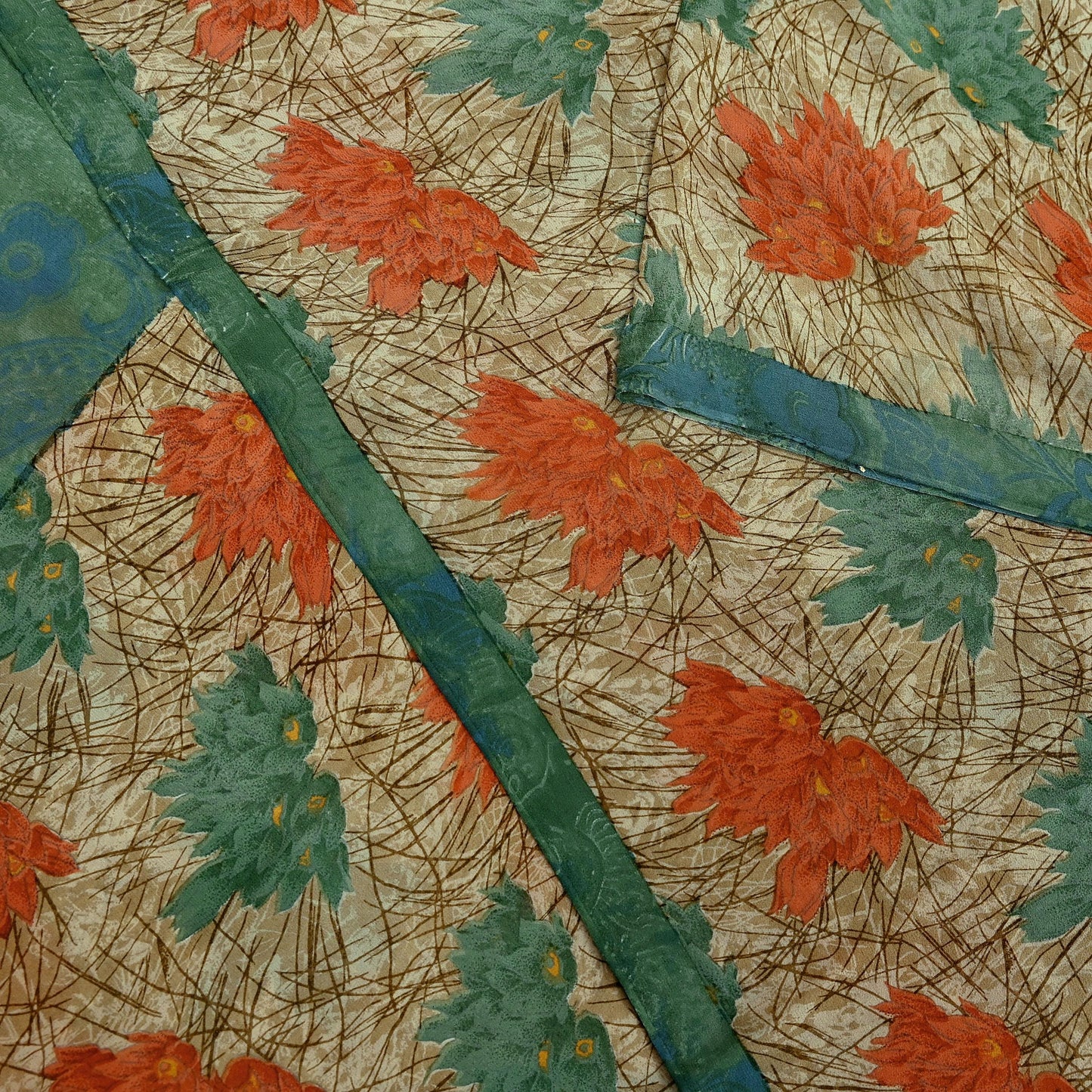 Indian Vintage Green & Beige Saree Pure Georgette Silk Printed Sari Craft Fabric Sewing 5Yard Soft Light Dress Making Floral