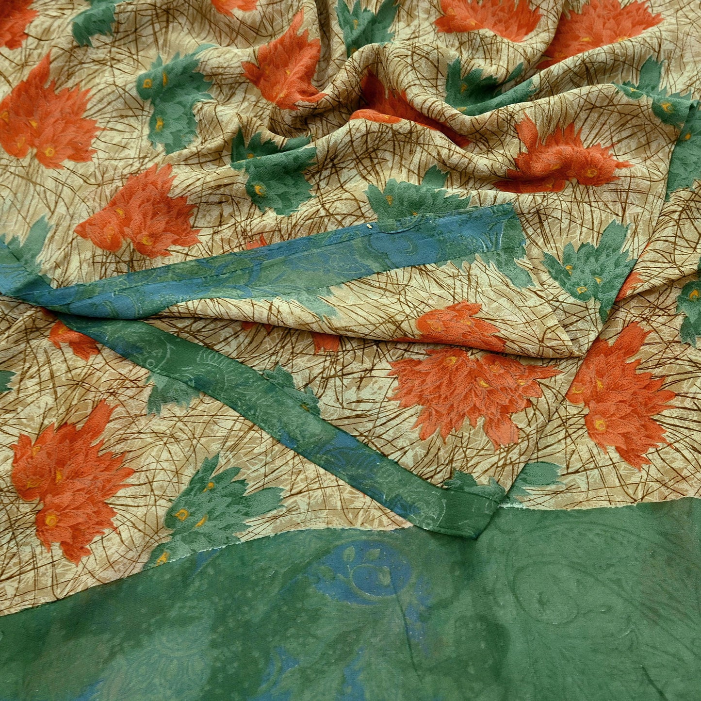 Indian Vintage Green & Beige Saree Pure Georgette Silk Printed Sari Craft Fabric Sewing 5Yard Soft Light Dress Making Floral