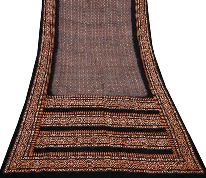Indian Vintage Sari Brown & Black Pure Silk Printed Saree 5yd Sewing Craft Fabric DressMaking Soft Upcycle Crafting Quilting