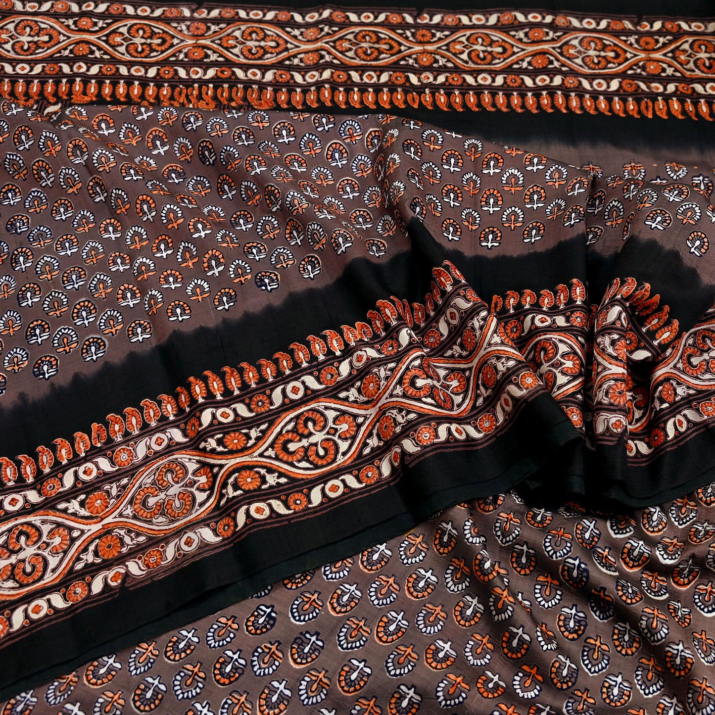 Indian Vintage Sari Brown & Black Pure Silk Printed Saree 5yd Sewing Craft Fabric DressMaking Soft Upcycle Crafting Quilting