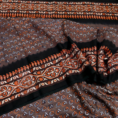 Indian Vintage Sari Brown & Black Pure Silk Printed Saree 5yd Sewing Craft Fabric DressMaking Soft Upcycle Crafting Quilting