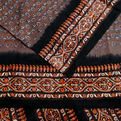 Indian Vintage Sari Brown & Black Pure Silk Printed Saree 5yd Sewing Craft Fabric DressMaking Soft Upcycle Crafting Quilting