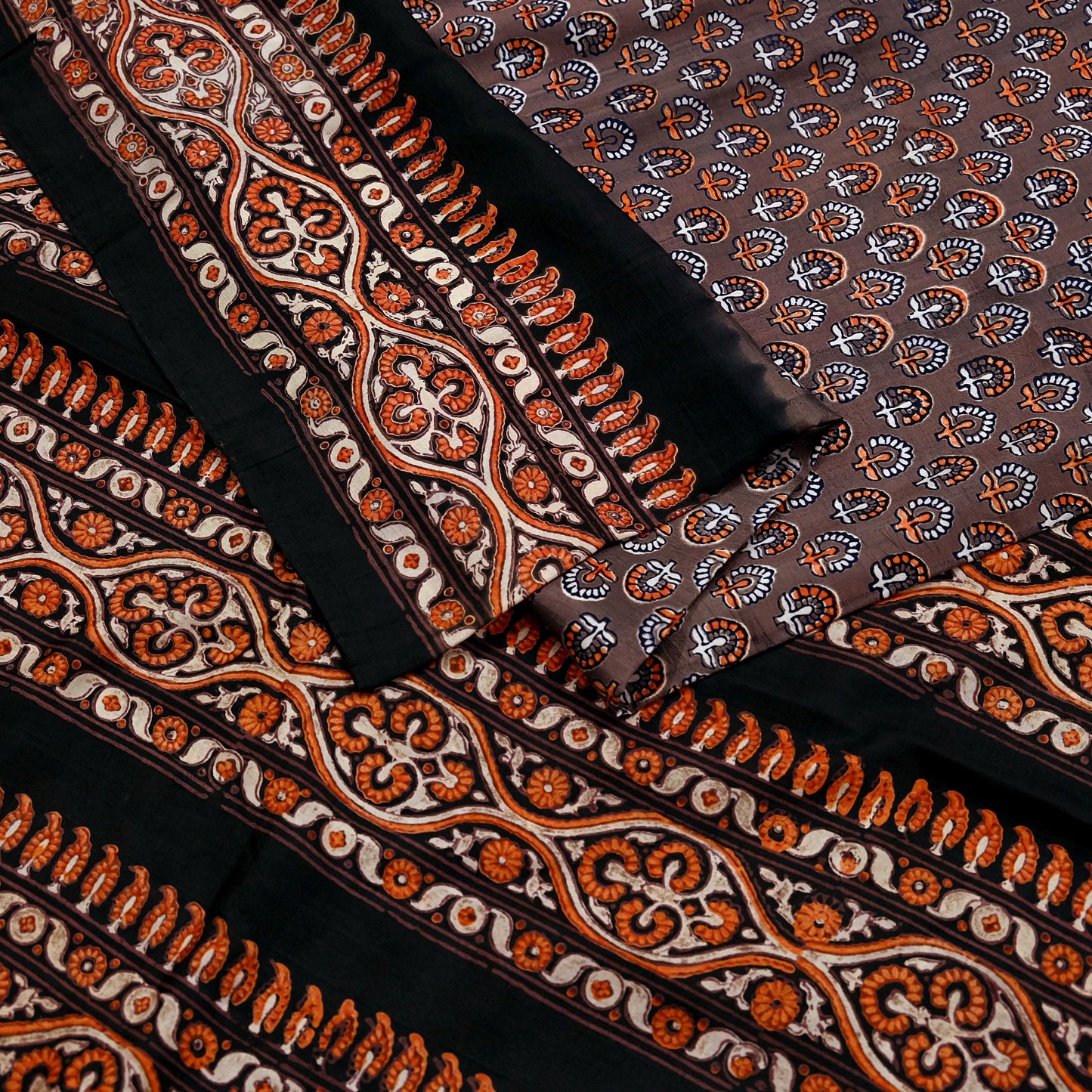 Indian Vintage Sari Brown & Black Pure Silk Printed Saree 5yd Sewing Craft Fabric DressMaking Soft Upcycle Crafting Quilting