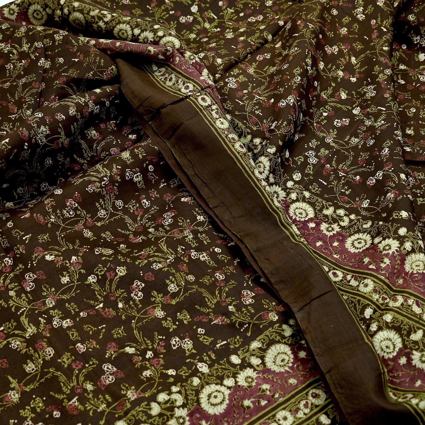 Indian Vintage Sari Brown Printed 100% Pure Silk Sarees 6yd Sewing Craft Fabric Soft Dress Making Wrap Floral Upcycle Quilting Crafting Used