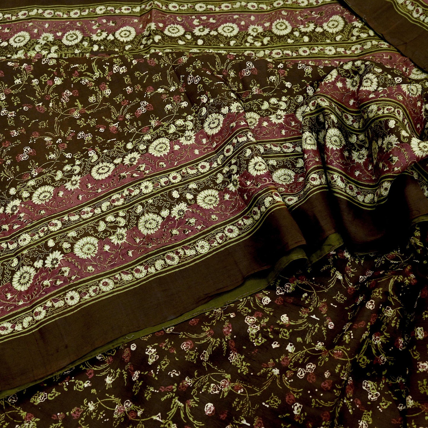 Indian Vintage Sari Brown Printed 100% Pure Silk Sarees 6yd Sewing Craft Fabric Soft Dress Making Wrap Floral Upcycle Quilting Crafting Used