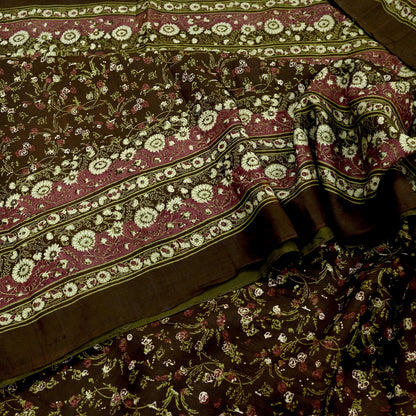 Indian Vintage Sari Brown Printed 100% Pure Silk Sarees 6yd Sewing Craft Fabric Soft Dress Making Wrap Floral Upcycle Quilting Crafting Used