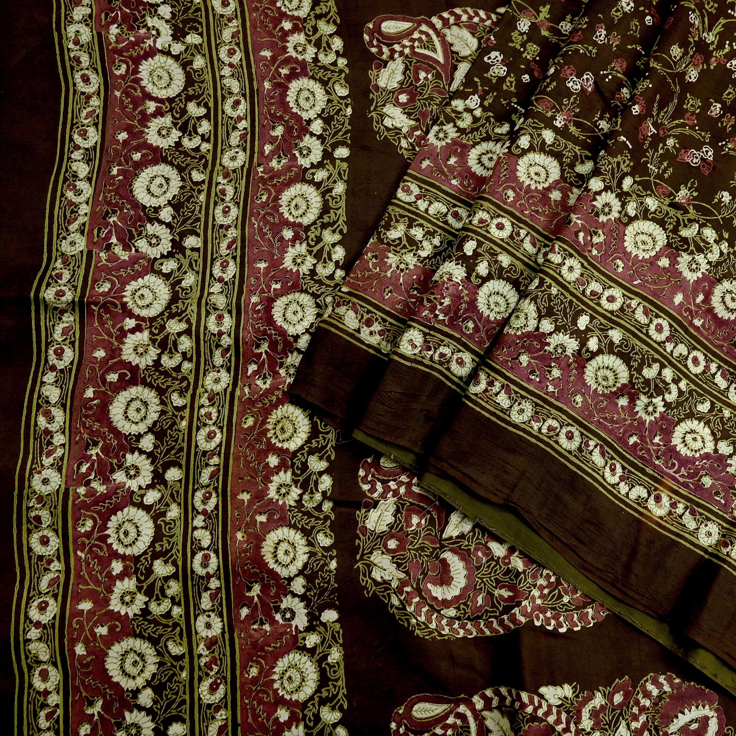 Indian Vintage Sari Brown Printed 100% Pure Silk Sarees 6yd Sewing Craft Fabric Soft Dress Making Wrap Floral Upcycle Quilting Crafting Used