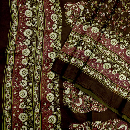 Indian Vintage Sari Brown Printed 100% Pure Silk Sarees 6yd Sewing Craft Fabric Soft Dress Making Wrap Floral Upcycle Quilting Crafting Used