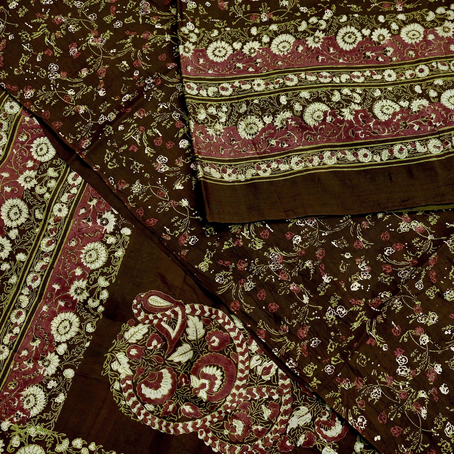 Indian Vintage Sari Brown Printed 100% Pure Silk Sarees 6yd Sewing Craft Fabric Soft Dress Making Wrap Floral Upcycle Quilting Crafting Used