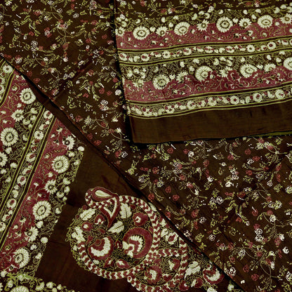 Indian Vintage Sari Brown Printed 100% Pure Silk Sarees 6yd Sewing Craft Fabric Soft Dress Making Wrap Floral Upcycle Quilting Crafting Used