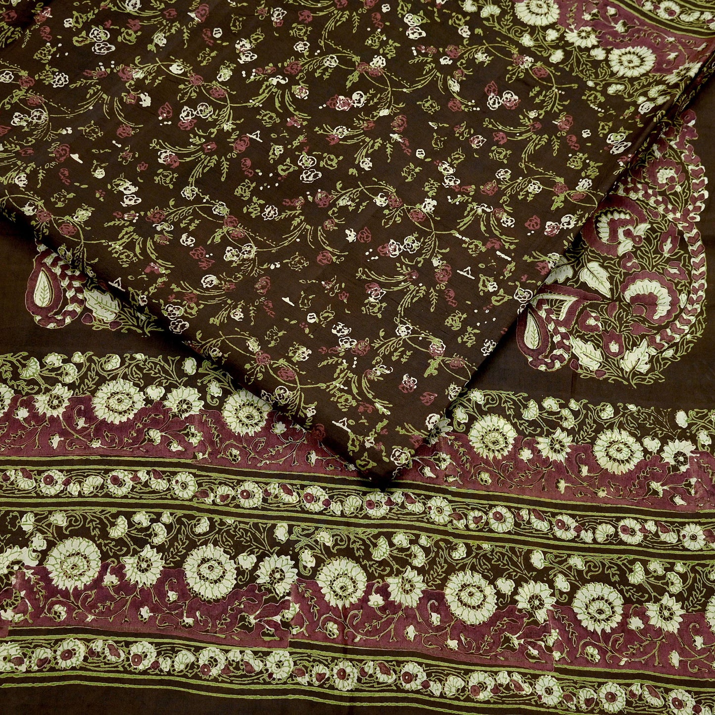Indian Vintage Sari Brown Printed 100% Pure Silk Sarees 6yd Sewing Craft Fabric Soft Dress Making Wrap Floral Upcycle Quilting Crafting Used