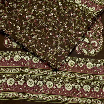 Indian Vintage Sari Brown Printed 100% Pure Silk Sarees 6yd Sewing Craft Fabric Soft Dress Making Wrap Floral Upcycle Quilting Crafting Used
