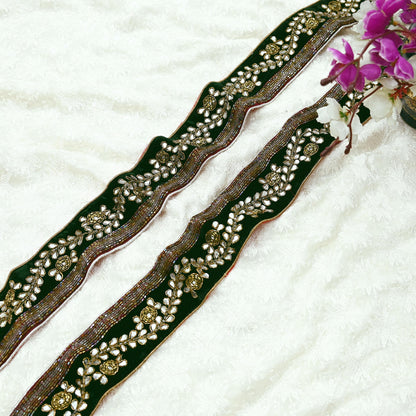 Indian Vintage Green Sari Border Hand Embroidered Craft Trim 1yd Lace Sewing Sari Ribbon Velvet