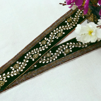 Indian Vintage Green Sari Border Hand Embroidered Craft Trim 1yd Lace Sewing Sari Ribbon Velvet