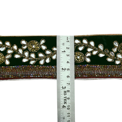 Indian Vintage Green Sari Border Hand Embroidered Craft Trim 1yd Lace Sewing Sari Ribbon Velvet