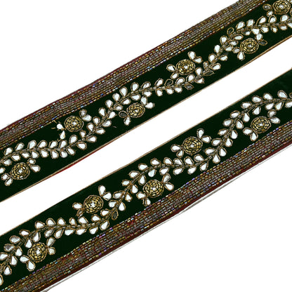 Indian Vintage Green Sari Border Hand Embroidered Craft Trim 1yd Lace Sewing Sari Ribbon Velvet