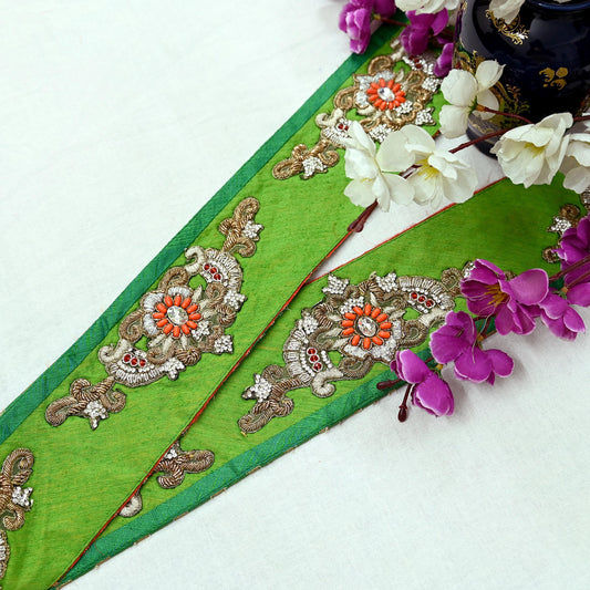 Indian Vintage Border Parrot Green Hand Embroidered 1Yd Craft Trim Lace Sewing Sari Ribbon Zardozi/Dabka Zari Decor Gift Wrapped