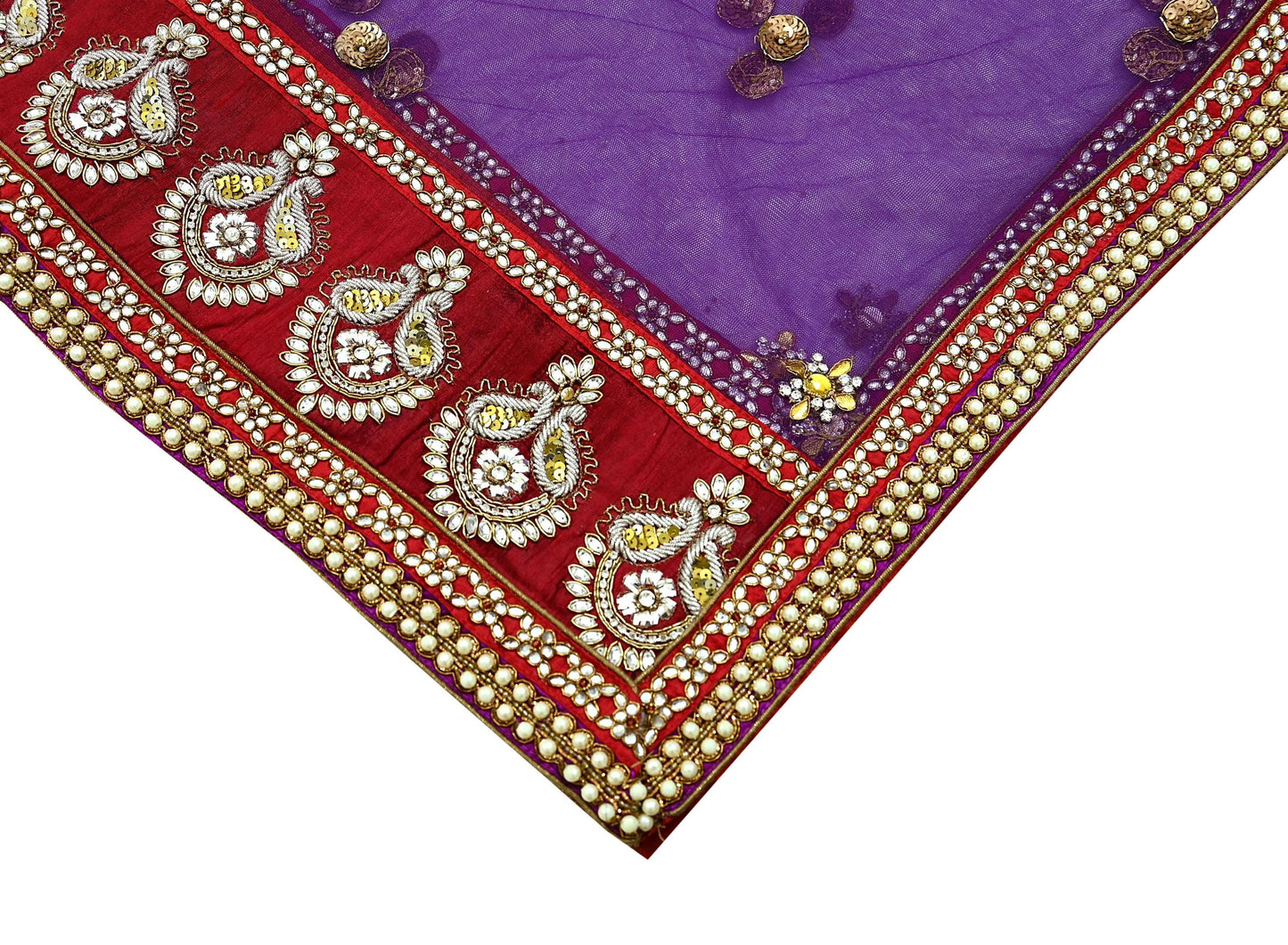 Indian Vintage Heavy Wedding Purple Dupatta Net Mesh Long Stole Hand Embroidered Scarves Golden Zardozi Dabka Zari Stole