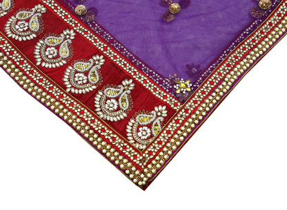 Indian Vintage Heavy Wedding Purple Dupatta Net Mesh Long Stole Hand Embroidered Scarves Golden Zardozi Dabka Zari Stole