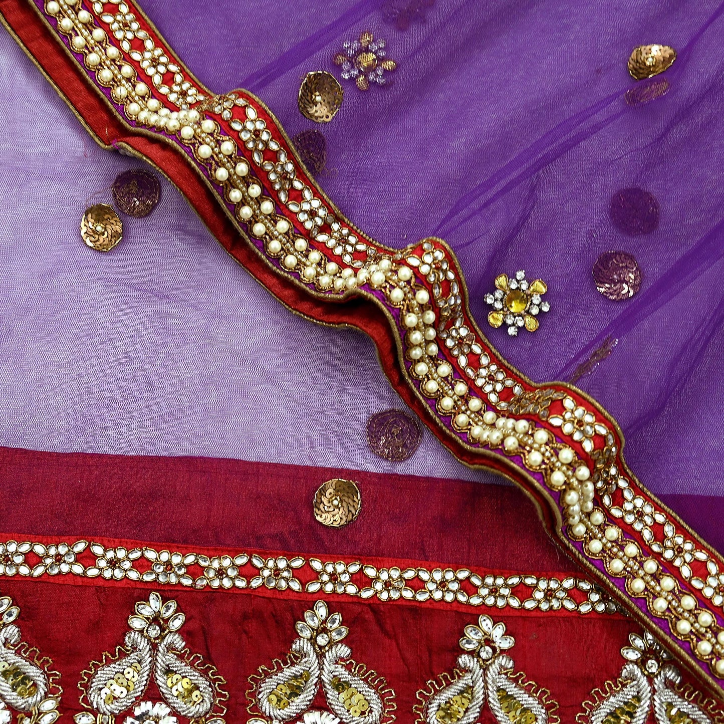 Indian Vintage Heavy Wedding Purple Dupatta Net Mesh Long Stole Hand Embroidered Scarves Golden Zardozi Dabka Zari Stole