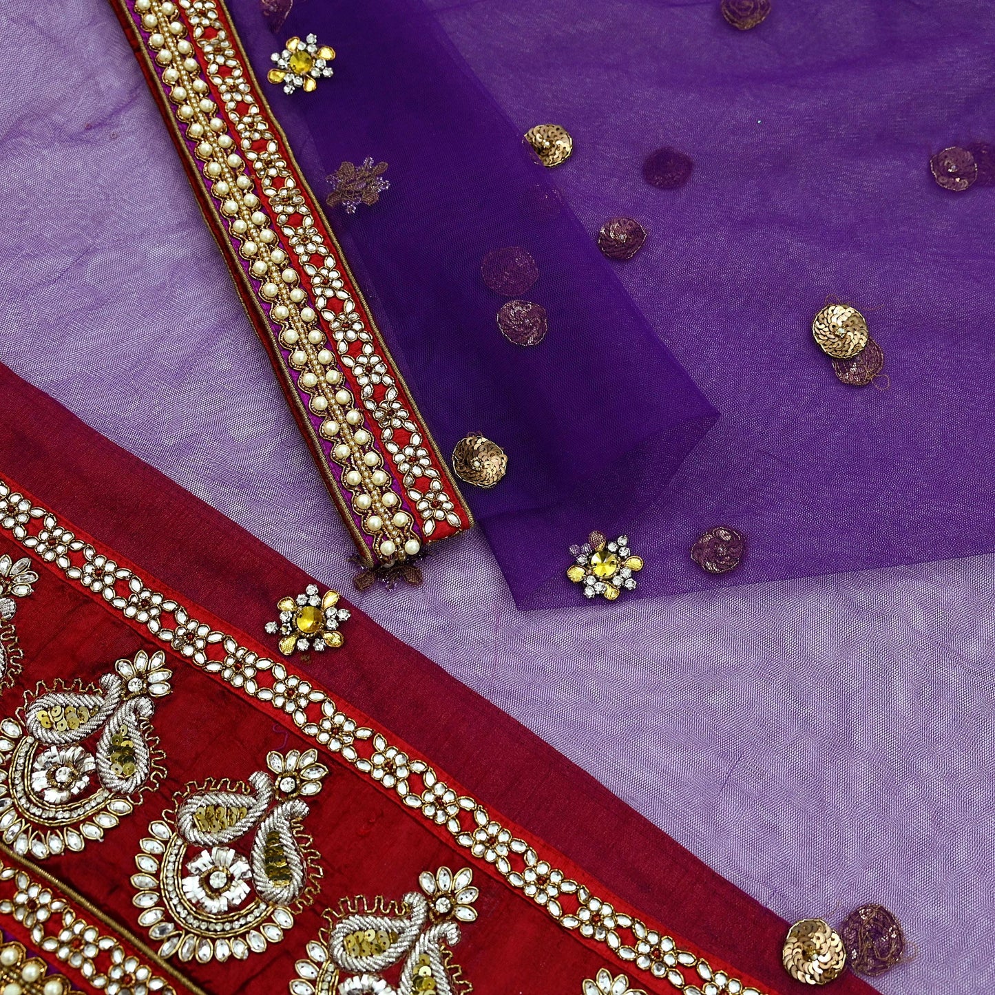 Indian Vintage Heavy Wedding Purple Dupatta Net Mesh Long Stole Hand Embroidered Scarves Golden Zardozi Dabka Zari Stole